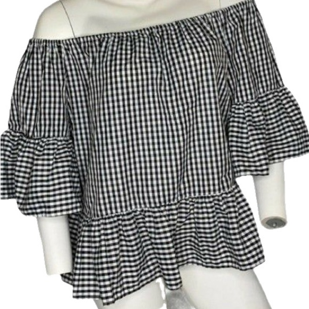 2/$30 Style Envy Women’s L Off Shoulder Gingham Plaid Ruffle Cotton Blend Blouse